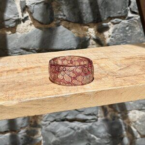 Chanel 13P Pink Lucite Lace Inlay CC Pearl Embellished Wide Bangle Bracelet